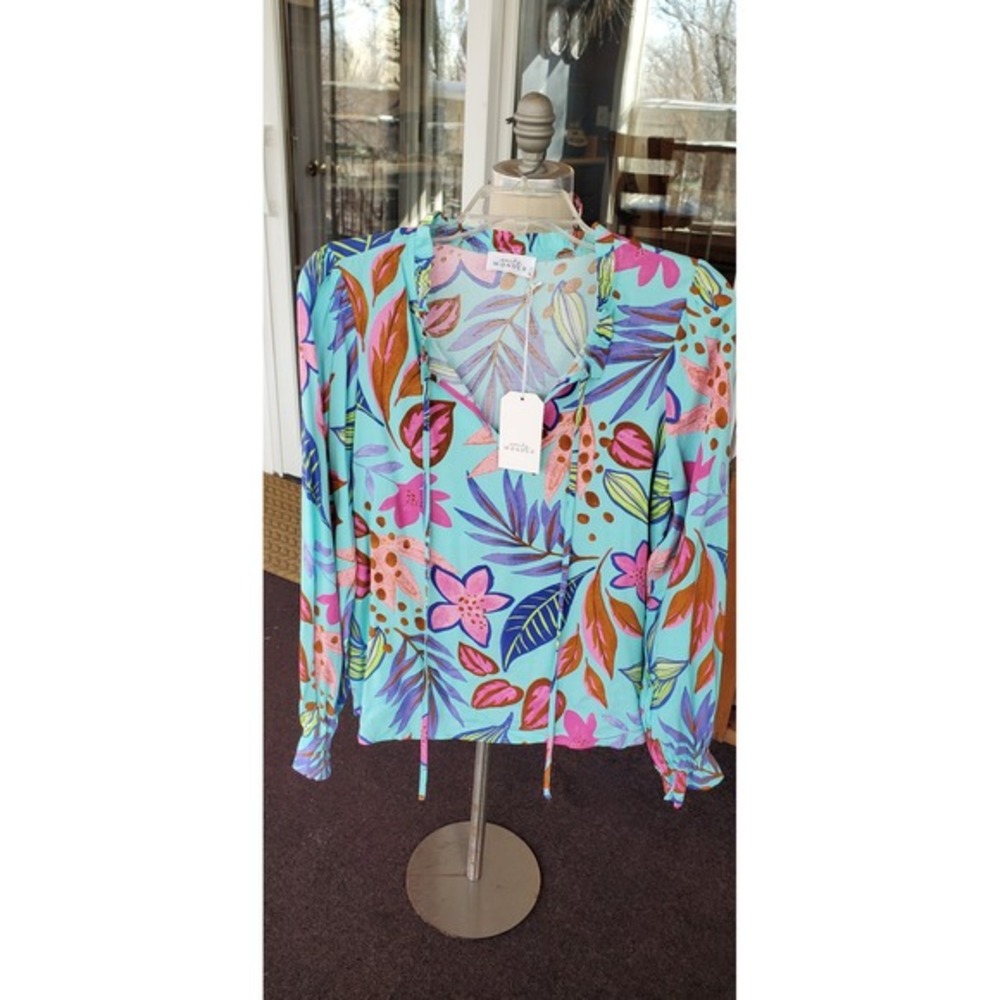 Emily‎ Wonder Womens Turquoise Floral Print Tie Neck Blouse Shirt Top Size S